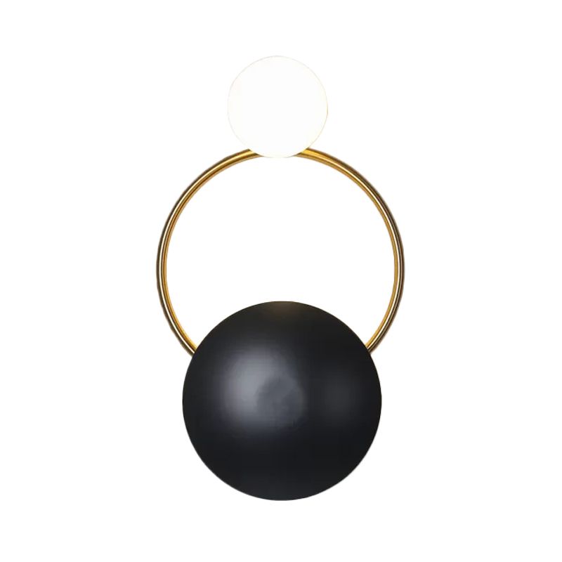Postmodern Orbital Flush Mount Iron 2-Light Parlor Wall Sconce Light in Black-Gold with Orb Opal Glass Shade