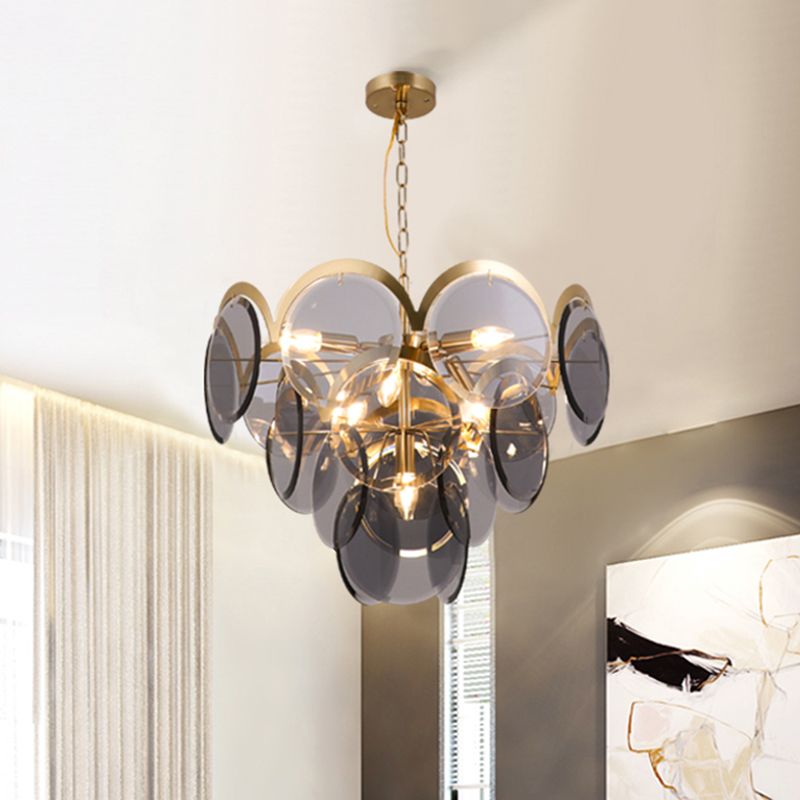 Panneau rond Pendre luminaire post moderne Smoke Grey Glass 7 Heads Heads Brass Hanging Chandelier