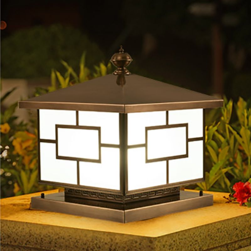 Square Shape Metal Pillar Lamp Modern Style Waterproof Outdoor Light in Bronze