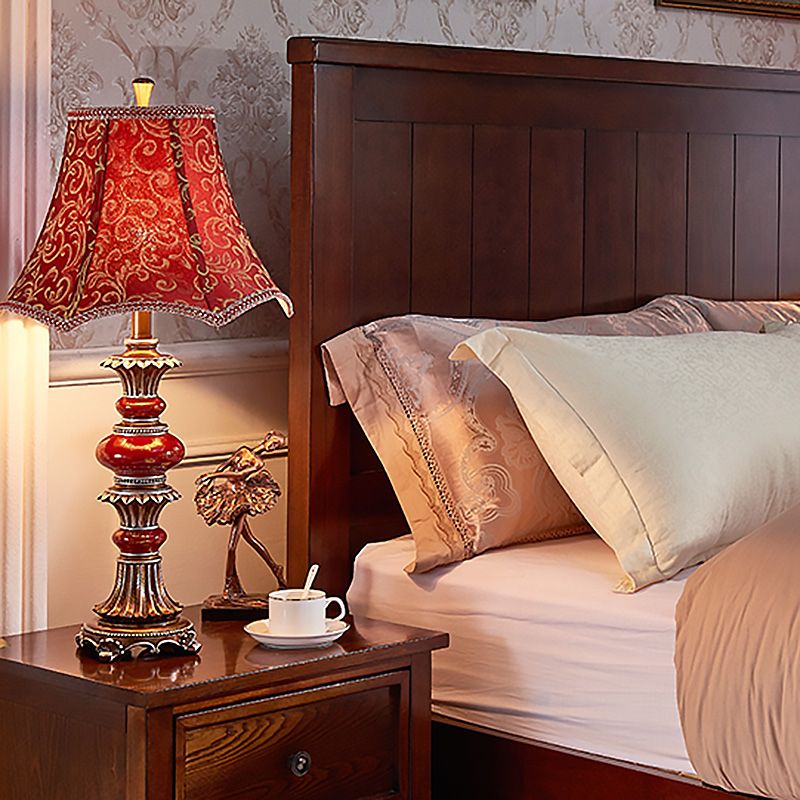 Retro Scallop-Edge Flared Table Light 1 Bulb Swirl Patterned Fabric Night Lamp in Red