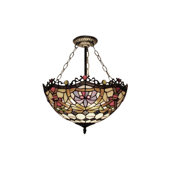 12"/16" Wide Victorian Design Bowl Ceiling Fixture Tiffany Style Stained Glass Semi Flush Mount Light in Red/Purple/Brass/Orange-Blue/Orange-Purple for Villa