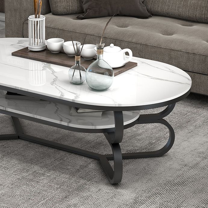 Metal Abstract Base Cocktail Table Oval Slate Top Coffee Table with Shelf