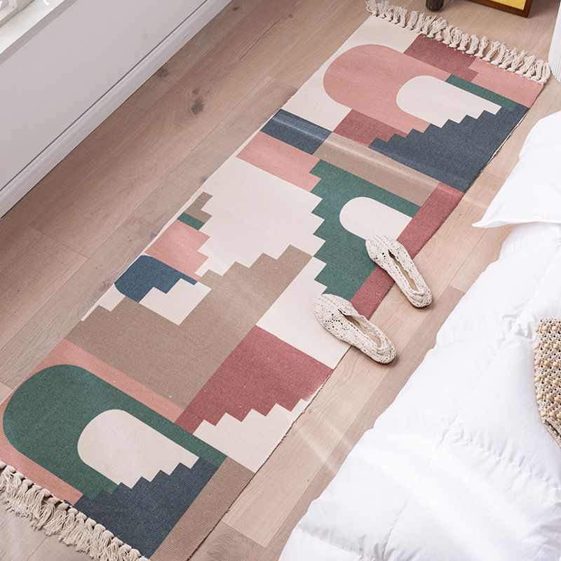 Modern Plant Printed Rug Multi-Colored Jute Area Carpet Easy Care Pet Friendly Stain-Resistant Indoor Rug with Tassel for Bedroom