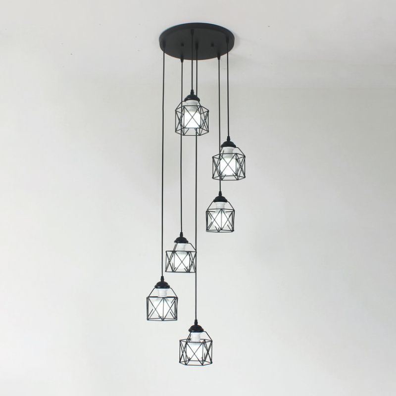 Hexagon Cage Metal Multiple Hanging Light Modernist Black Pendant Lamp with Spiral Design
