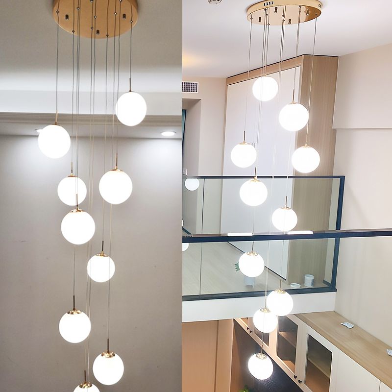 Cream Glass Bubbles Multi Pendant Ceiling Light Minimalism White Glass Staircase Suspension Light in Gold