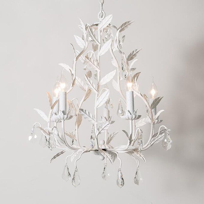 Retro Style Candle-Like Suspension Light 5 Heads Metallic Chandelier Light with Hanging Crystal