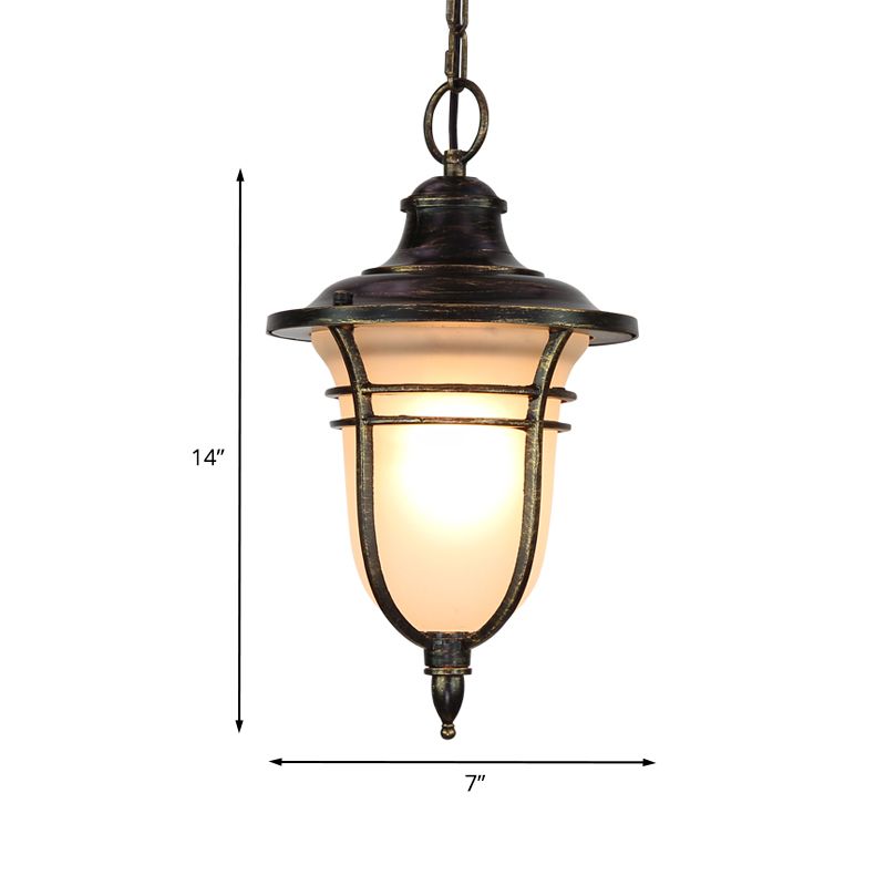 Black Urn-Shaped Down Lighting Lodge Frosted Glass Single Bulb Balcony Ceiling Pendant Light