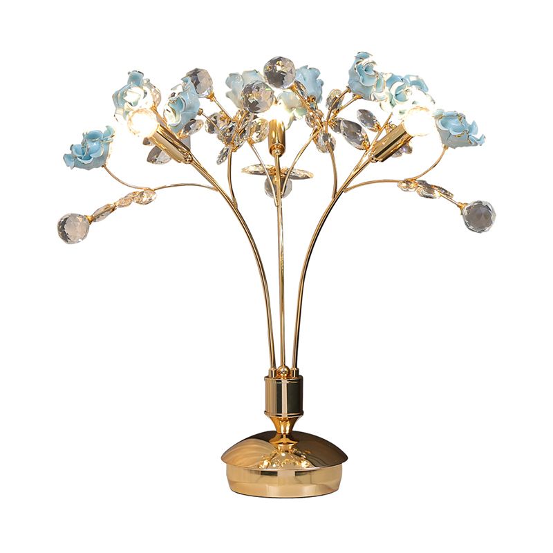 3 Bulbs Gold Ball Desk Lamp Modern Faceted Crystal Nightstand Light with Ceramic Flower Design