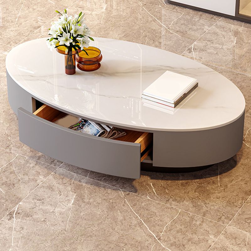 Oval Stone Coffee Table 1 Single Cocktail Table with 1 Storage Drawer