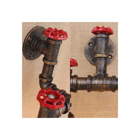 Loft Industrial Pipe Wall Lighting Fixture with Valve Wheel 2 Lights Wrought Iron Sconce Light in Antique Bronze