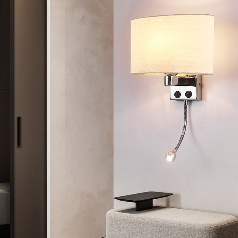 Modern Metal Wall Sconce Oval Shape Wall Light with Fabric Shade for Study