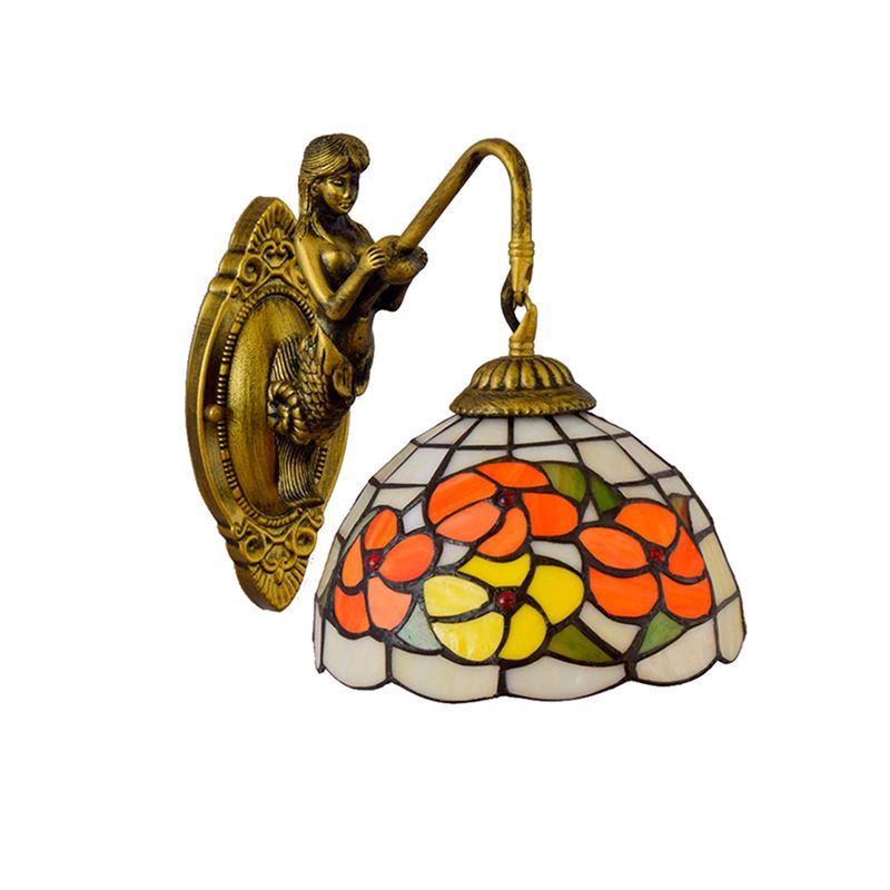 Flower Wall Mounted Light Tiffany Beige Glass 1 Head Brass Mermaid Sconce Light Fixture for Hallway