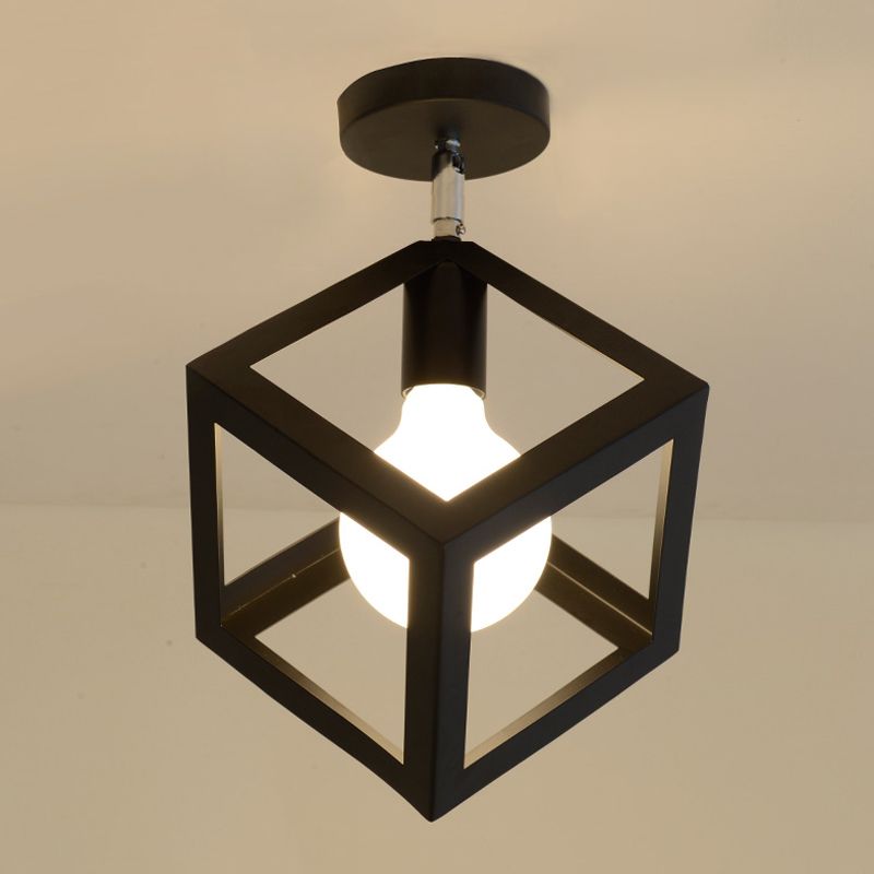Industrial Flush Light Fixtures Geometric Iron 1 Light Flush Mount Lamps in Black