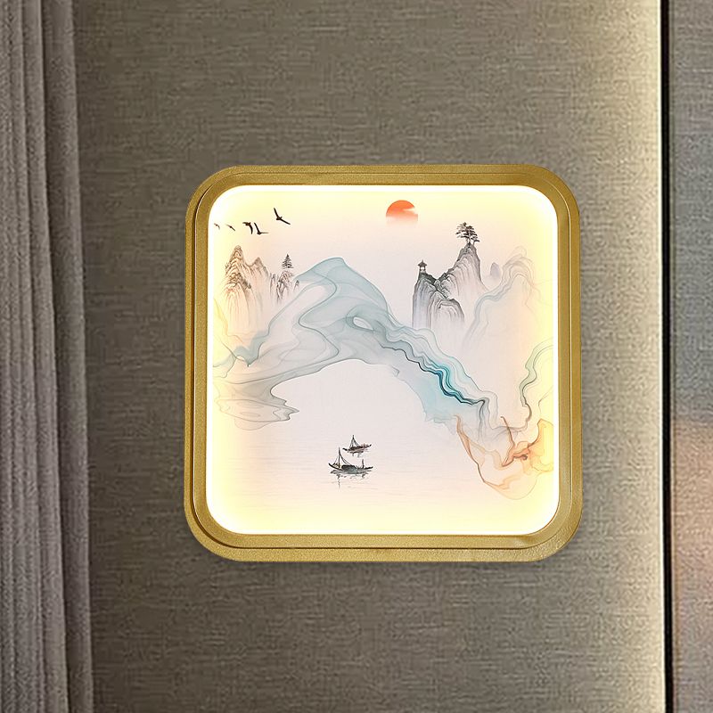 Hand-Paint Flower/Mountain Mural Lighting Chinese Fabric Living Room LED Wall Sconce with Gold Round/Square Frame