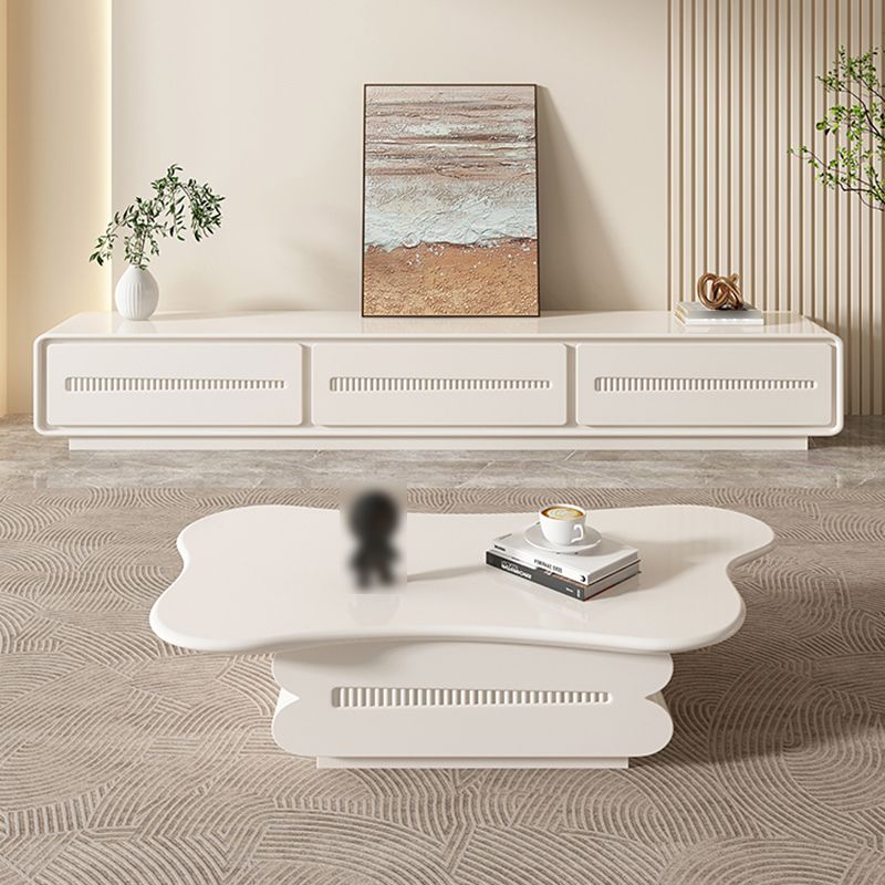 Modern Coffee Table White Wood Free Form Single Coffee Table with 2 Drawers