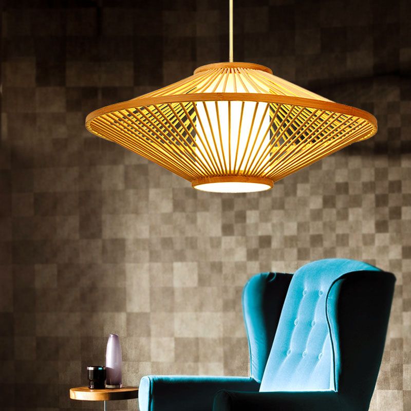 19,5 "/23,5" Dia-Saucer Suspended Lampe Moderne Stil Bambus 1-Bulb Schwarz/Beige Hängende Leuchte für Wohnzimmer