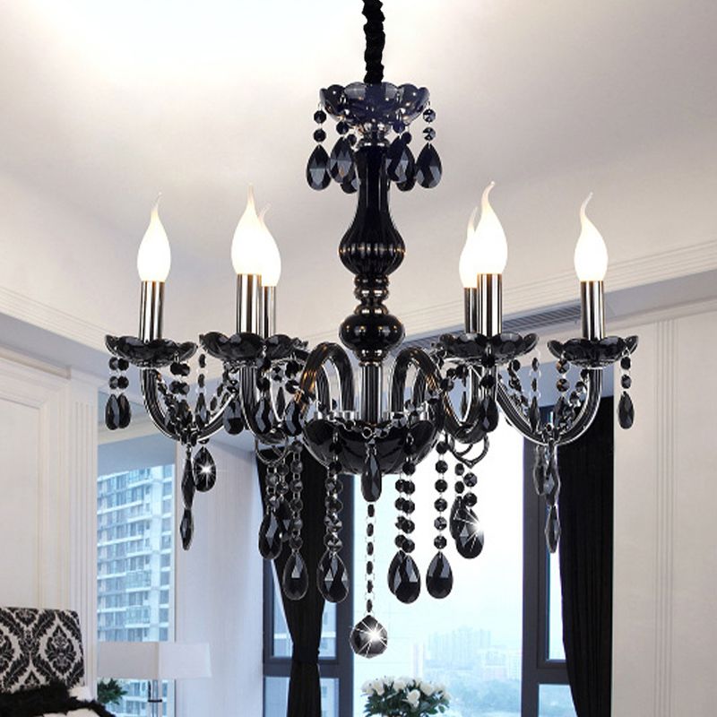 Retro Candelabra Hanging Chandelier 6 Heads Black Crystal Suspension Pendant Light for Bedroom