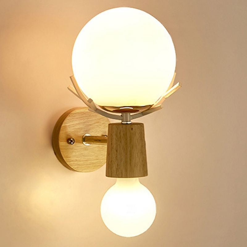 Wooden Wall Lamp in Modern Minimalist Style White Glass Wall Sconce with Antler Decoration