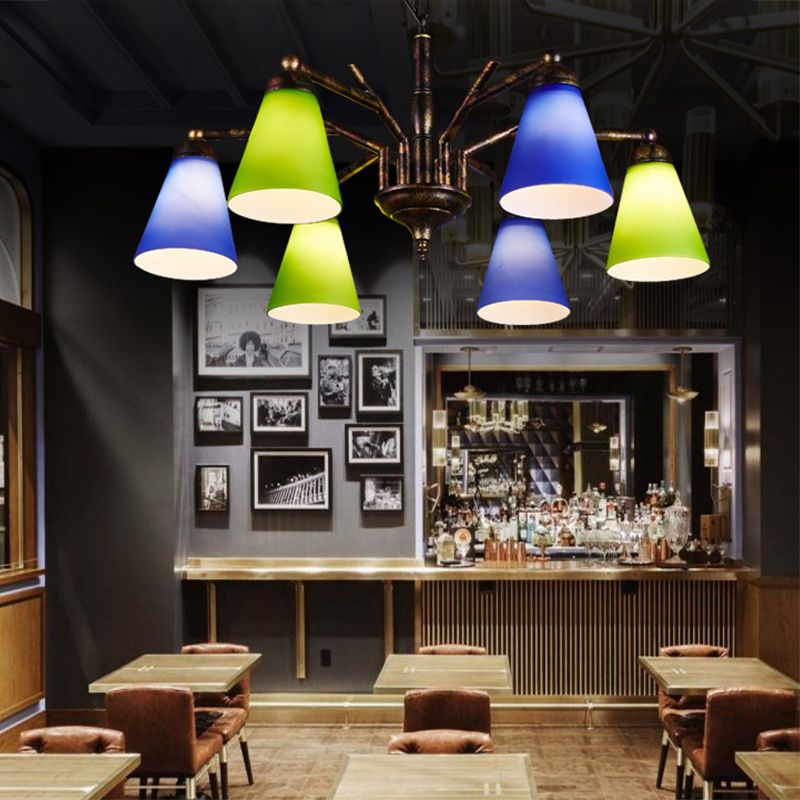 Rust Tapered Shade Chandelier 6 Lights Retro Metal Hanging Light for Restaurant