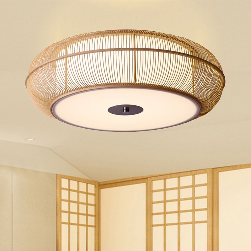 Round Bamboo Shade Flush Ceiling Light Asian Style 3/4 Lights Black/Wood Ceiling Mount Fixture for Bedroom, 18"/22" Dia