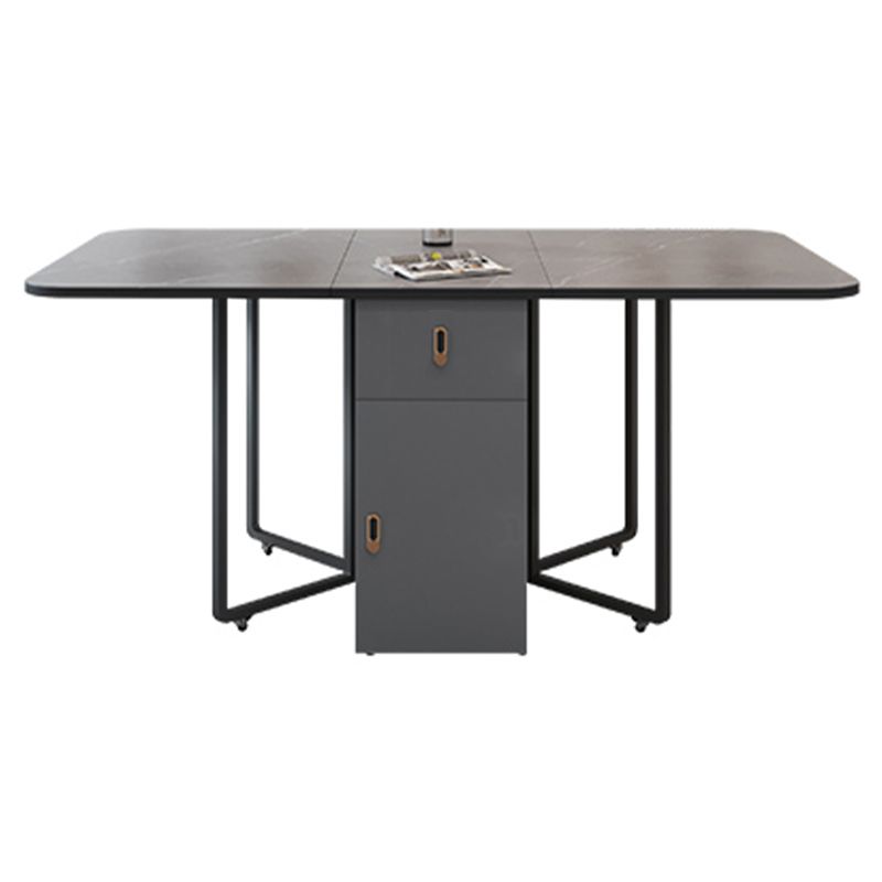 Foldable Sintered Stone Top Dining Table Modern Rectangle Table with Storage Trestle Base