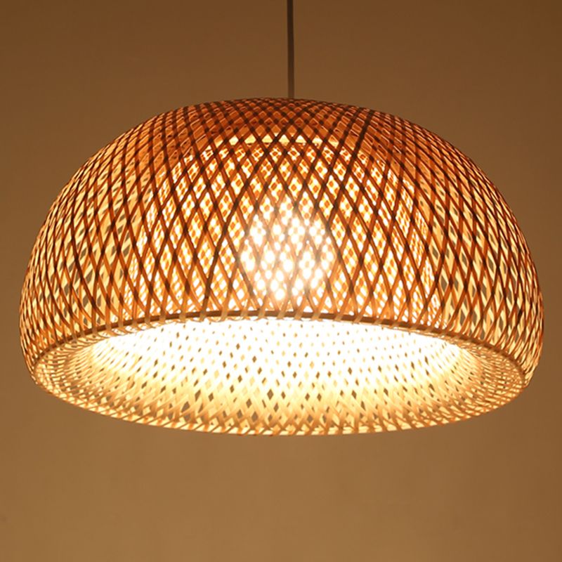 Asia Style Half-Circle Pendant Lighting Fixture Rattan Restaurant Pendant Light Kit in Beige