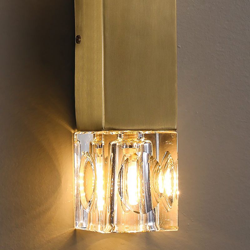 Modern Brass Wall Light Cuboid 12.5" High Wall Sconce with Crystal for Living Room