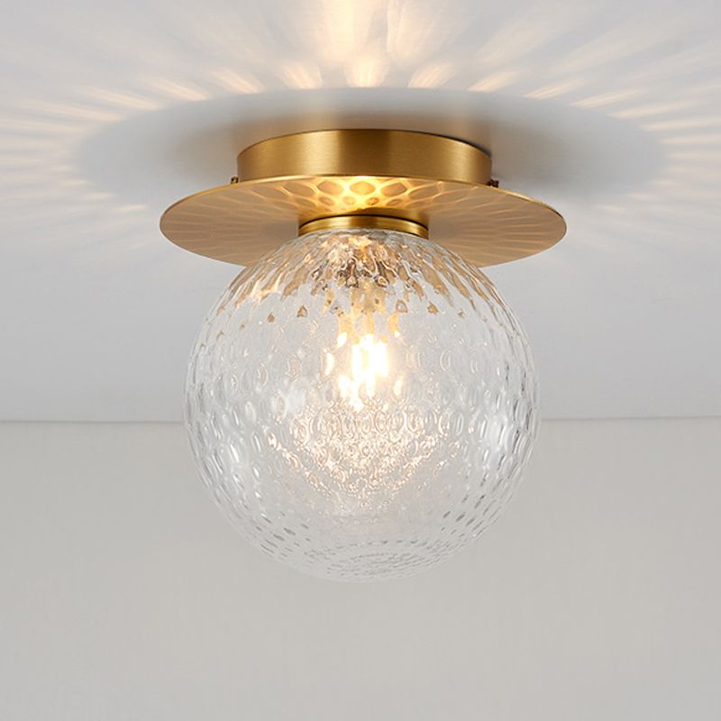 Modern Concise Indoor Flush Mount Copper Globe Ceiling Fixture with Ripple Glass Shade