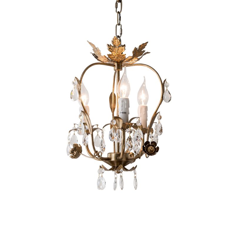3 Lights Chandelier Pendant Countryside Inverted Pear Frame Crystal Hanging Lamp in Antiqued Brass