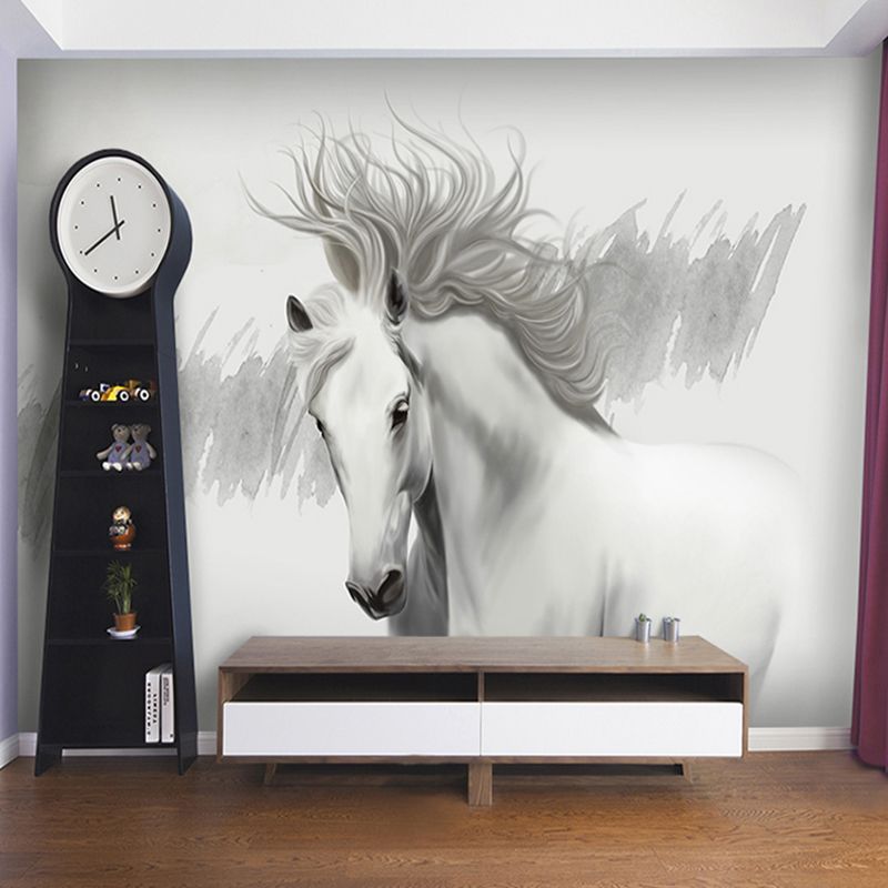 Minimalist Horse Wall Art in Grey and White Coffee Shop Mural Wallpaper, Personalized Size Available