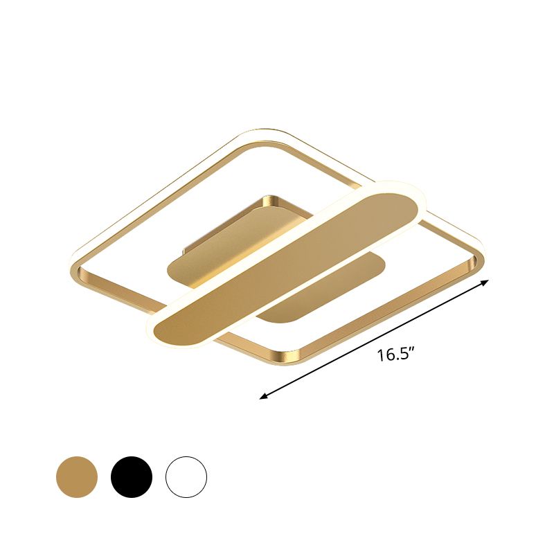 Aluminum Thin Square Frame Ceiling Lamp Contemporary Black/Gold/White LED Flush-Mount Light Fixture with Crossbar, 16.5/20.5 Inches Wide