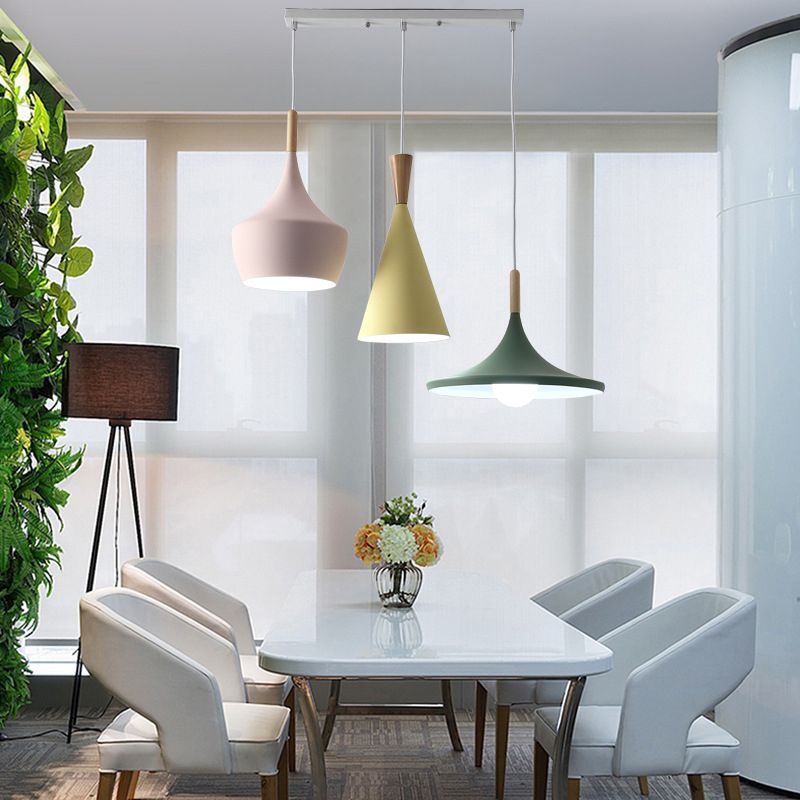 Pink-Yellow-Green Shaded Pendant Lamp Macaron 3-Light Metal Multiple Hanging Light for Dining Room