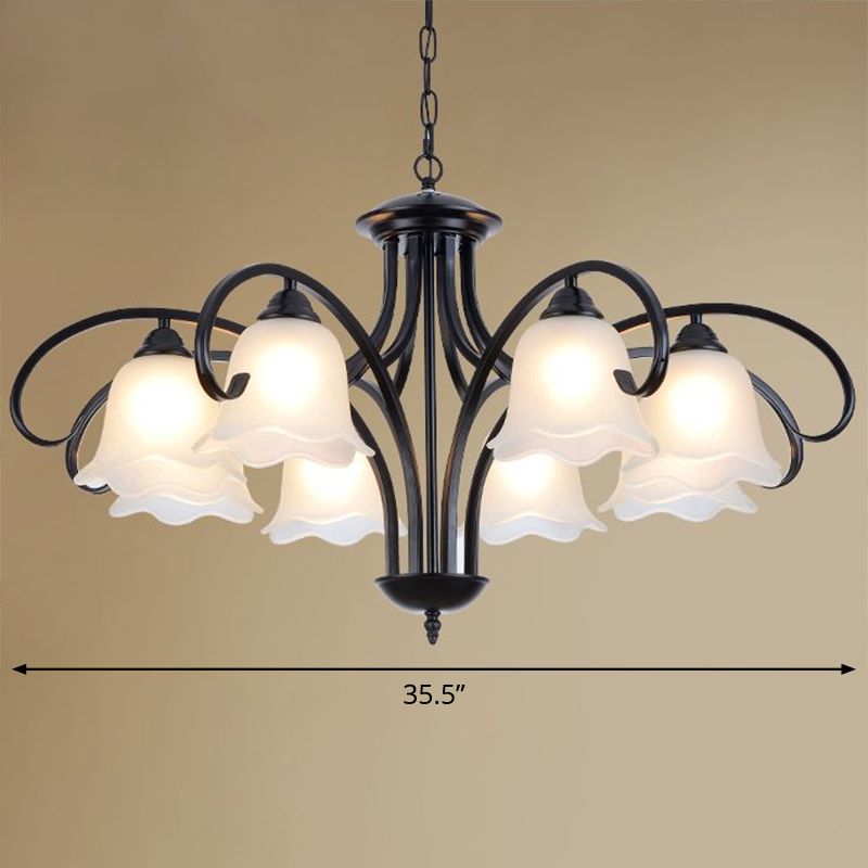 Frosted White Glass Floral Chandelier Country Style Bedroom Ceiling Suspension Lamp in Black