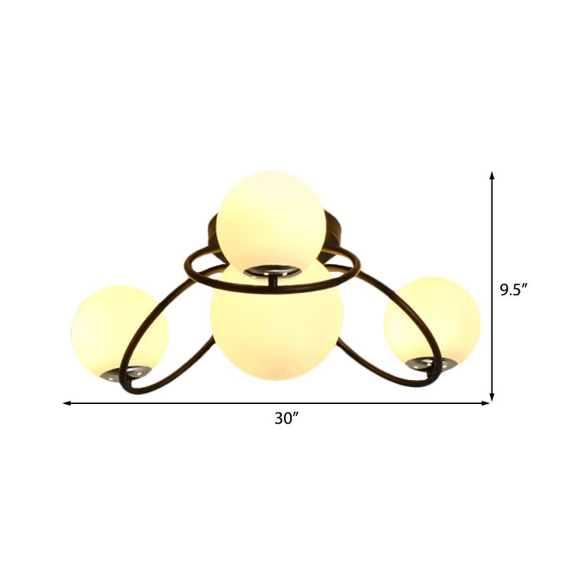 Round Opal Glass Semi Flush Mount Classic 4 Lights Living Room Ceiling Lighting in Black/White