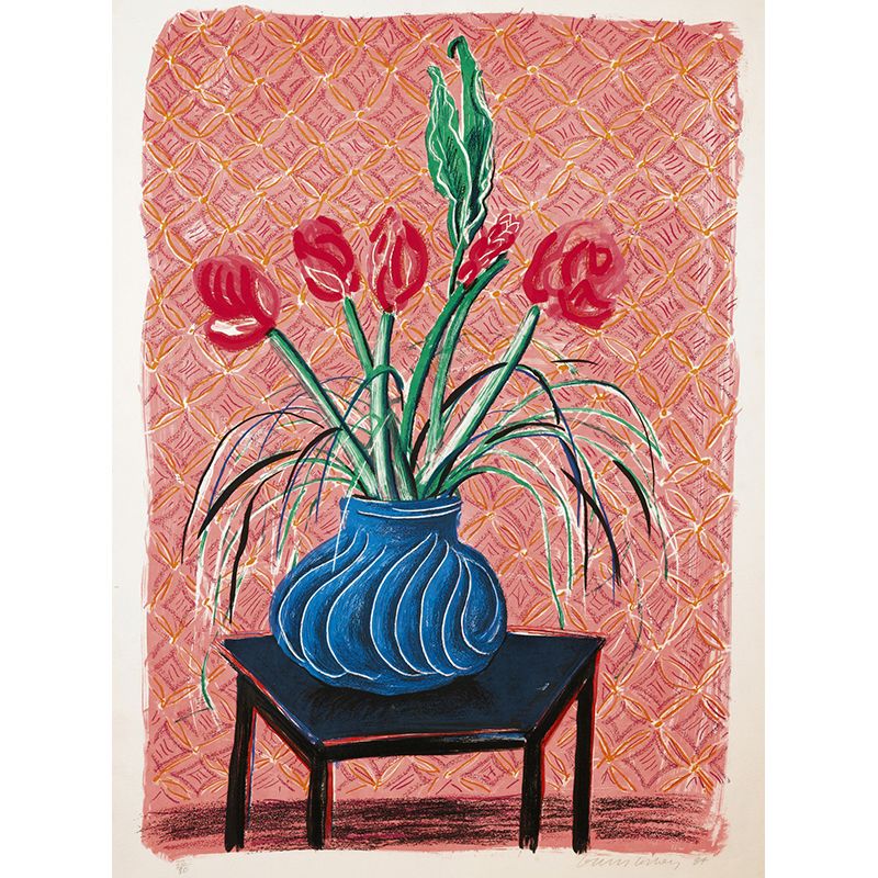 Large Amaryllis in Vase Murals for Bedroom Still Life Wall Art in Pink-Blue-Green, Washable