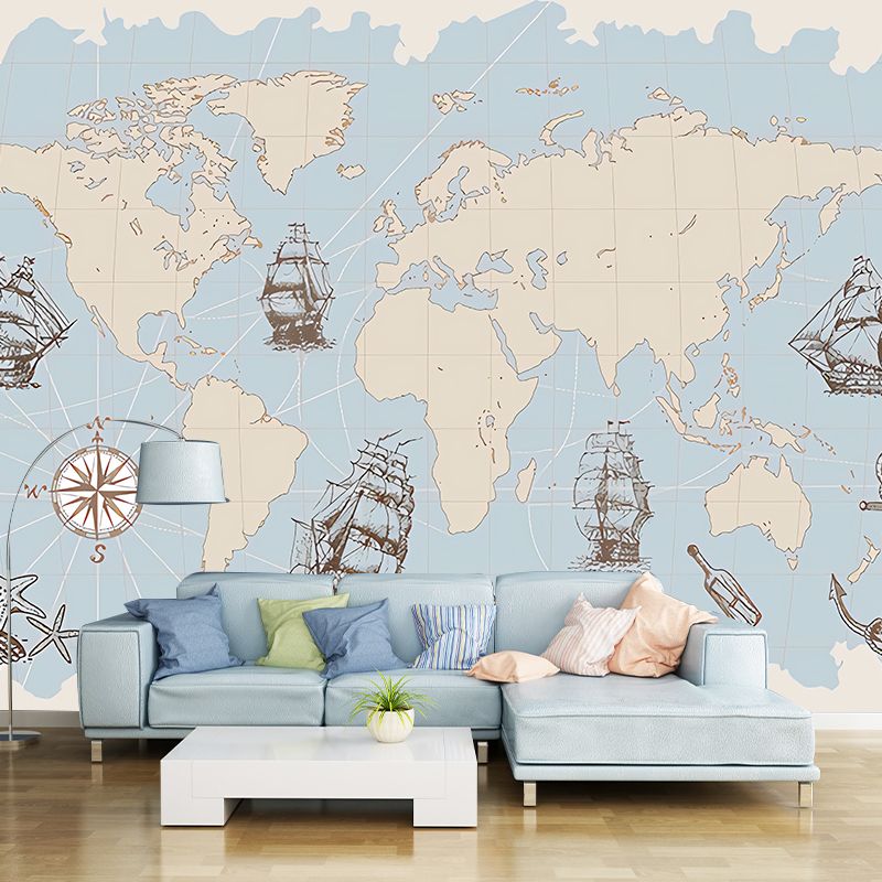 Whole Illustration Mid Century Mural for Living Room with World Map and Sailing Boat in Pastel Blue