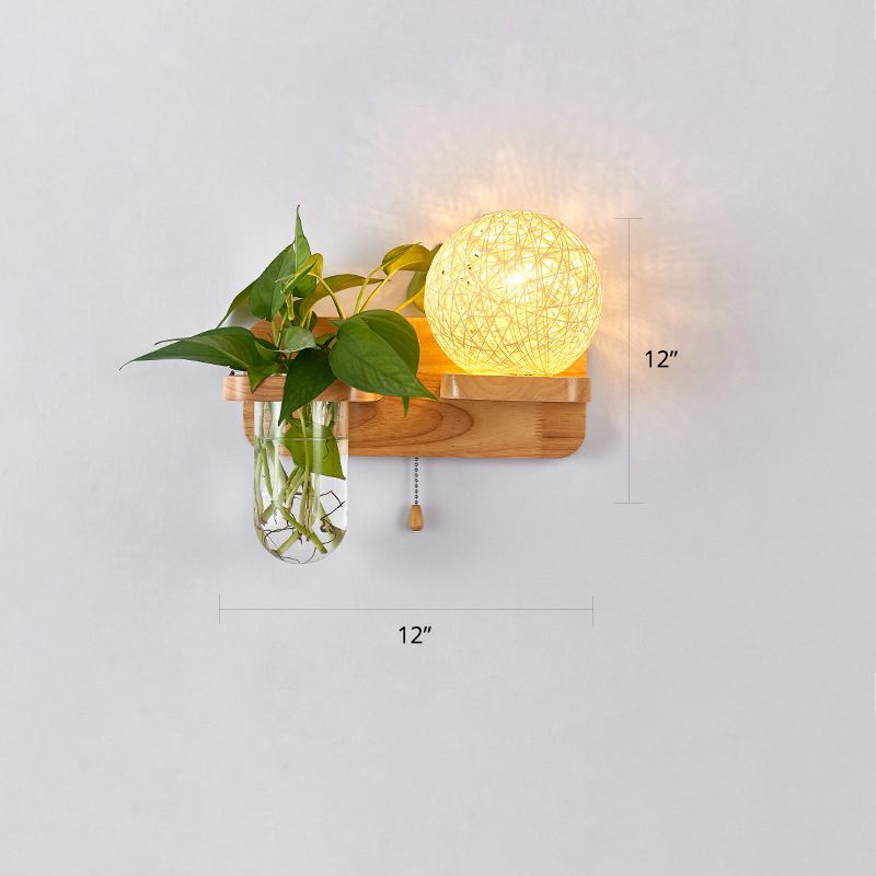 1-Light Rattan Wall Light Fixture Nordic Ball Living Room Sconce Lamp with Pull Chain and Plant Pot