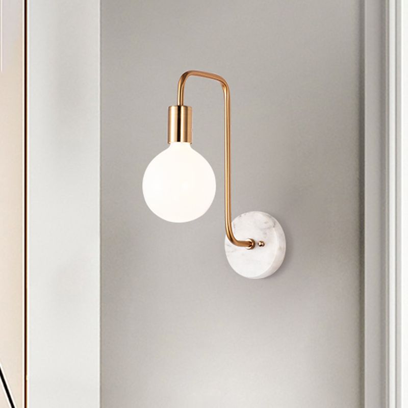 Postmodern Sphere Wall Sconce Lamp White Glass 1 Light Bedroom Wall Light Fixture in Gold with Marble Backplate