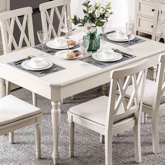 Rectangle 4 Legs Mid-Century Dining Table White Tone Fixed Table of Solid Wood