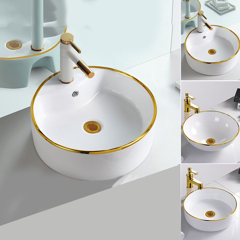 Round Bathroom Sink Ceramic Washroom Sink with Rod Handle Faucet