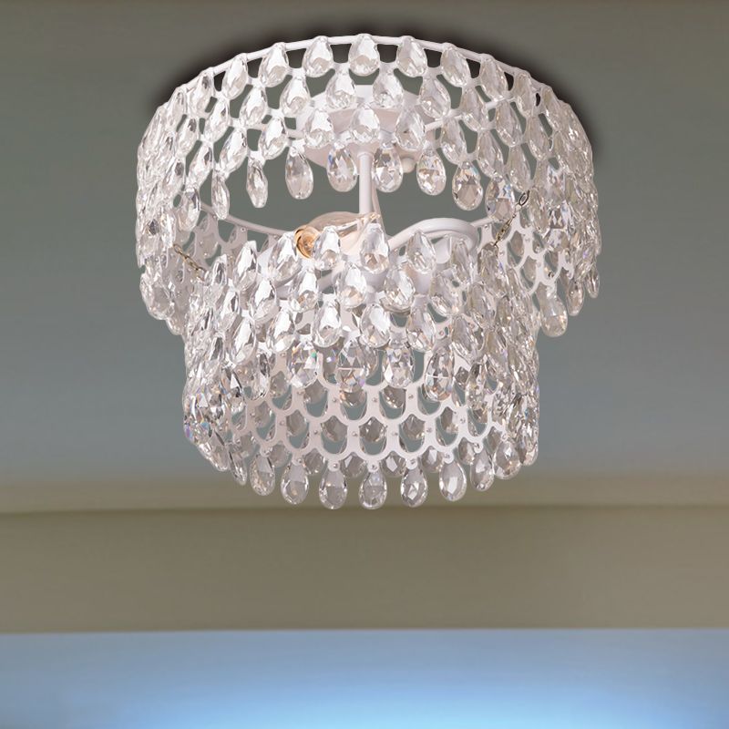 Modern 2-Light Flush Mount Light White Layered Round Ceiling Lamp with Crystal Droplet