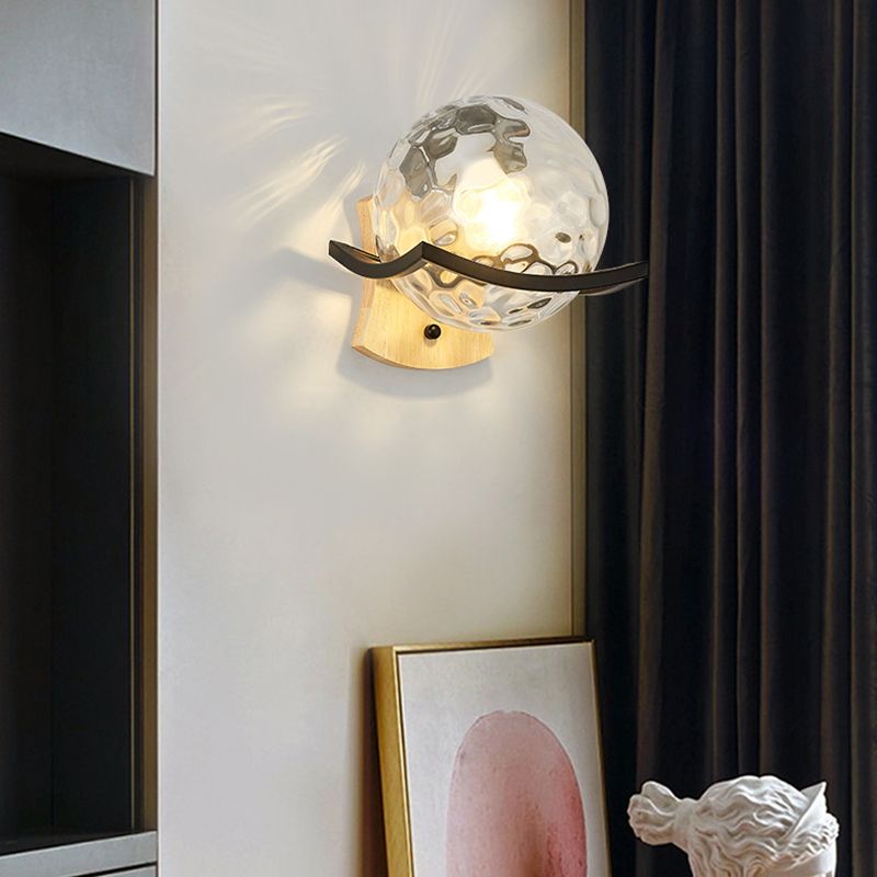 Modern Style Wooden Wall Sconce Glass Shade 1 Light Wall Mount Light Fixture for Living Room