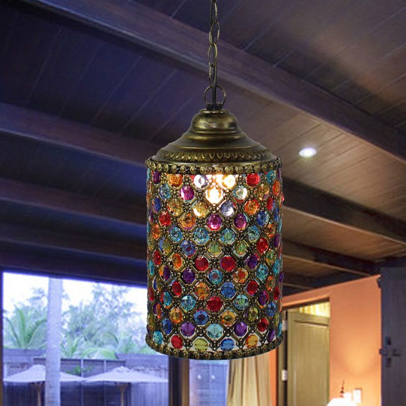 Vintage Cylinder Suspension Pendant Light 1 Light Metal Hanging Lamp in Bronze for Living Room