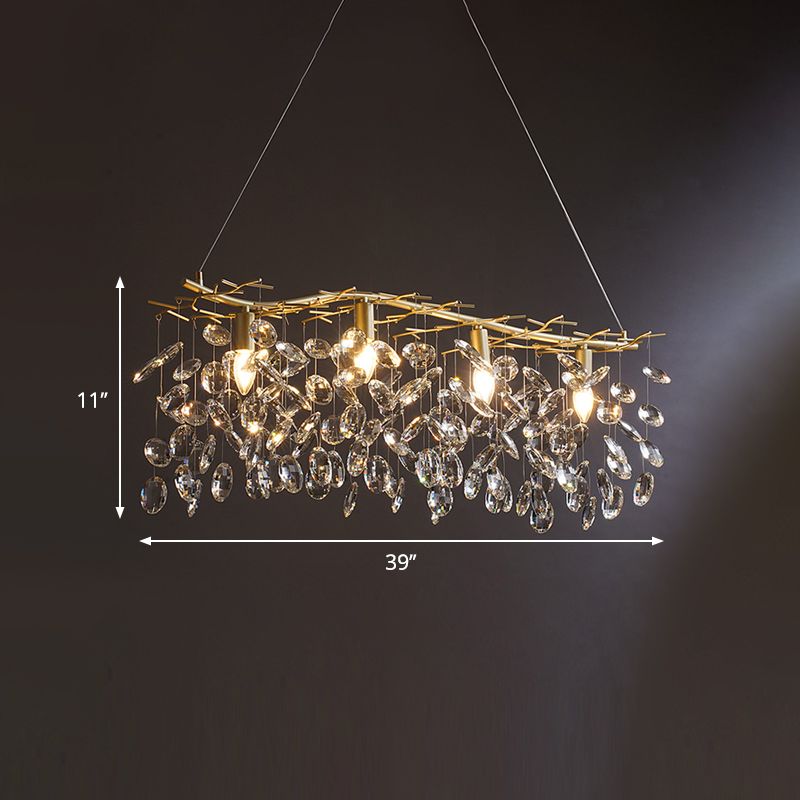 Gold Branching Island Hanging Lamp Modernism 4-Bulb Metallic Pendulum Light with Crystal Droplets