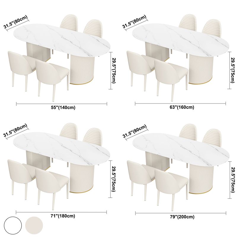 Oval Sintered Stone White Tone Dining Table Simplicity Double Pedestal Table for Dining Room