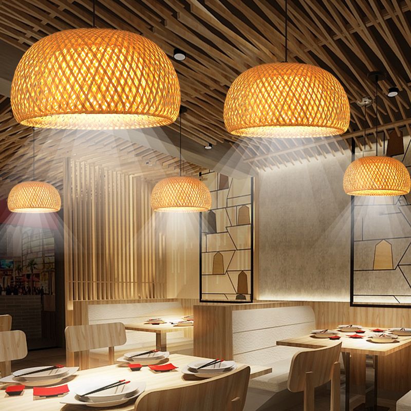 Brauner Drum Anhänger Licht im asiatischen kreativen Stil schmiedeeisere Hanglampe mit Bambuswebschatten