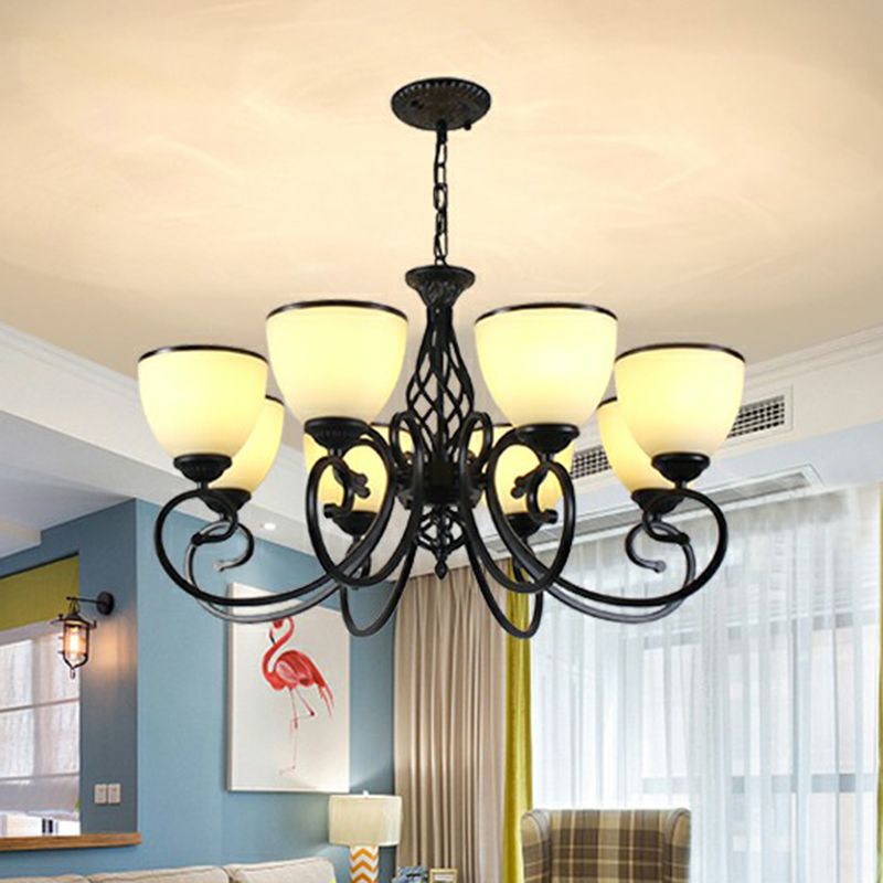 Gerwireerde arm Metallic kroonluchter hanglamp vintage woonkamer hangend licht met bel vorstglas schaduw