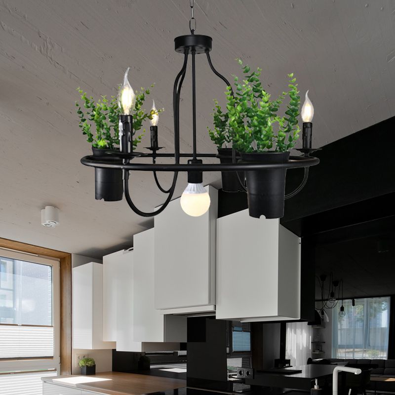 Candle Metal Chandelier Light Industrial 4/7 Bulbs Restaurant LED Hanging Lamp in Black with Plant