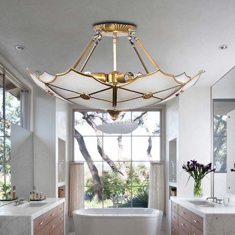 Umbrella Semi Flush Mount Tradition Metal Brass 3 Bulbs Ceiling Light Fixture for Hallway