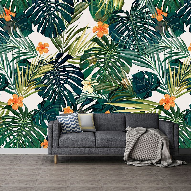 Tropics Leaf and Flower Mural Wallpaper for Living Room Personalized Wall Decor in Orange-Green